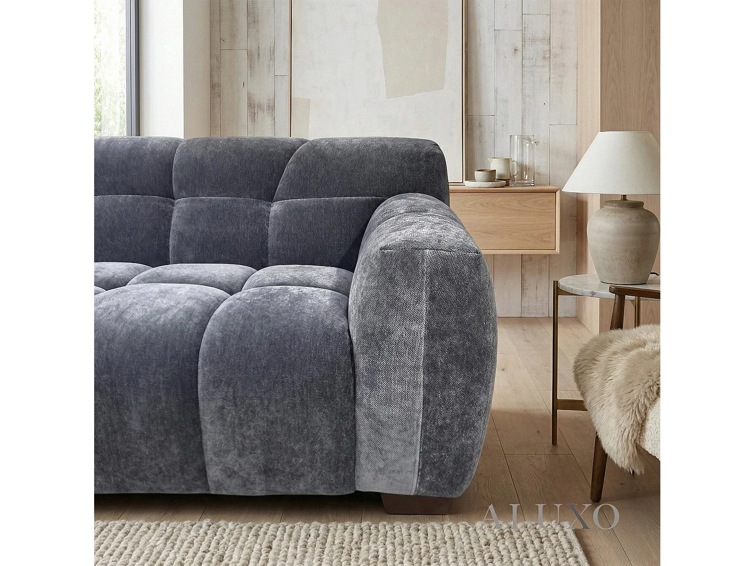 ALUXO Harlem 3 Seater Boucle Sofa Grey Steel Velvet Deep Stitch 5 Year Warranty