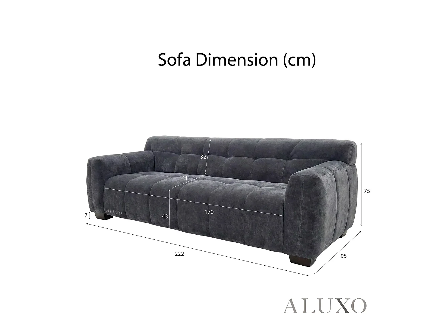ALUXO Harlem 3 Seater Boucle Sofa Grey Steel Velvet Deep Stitch 5 Year Warranty