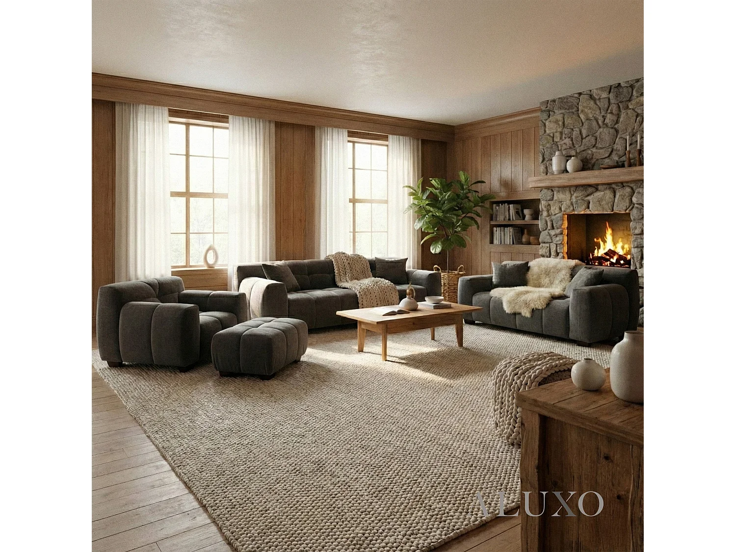 ALUXO Harlem 3 Seater Boucle Sofa Grey Steel Velvet Deep Stitch 5 Year Warranty