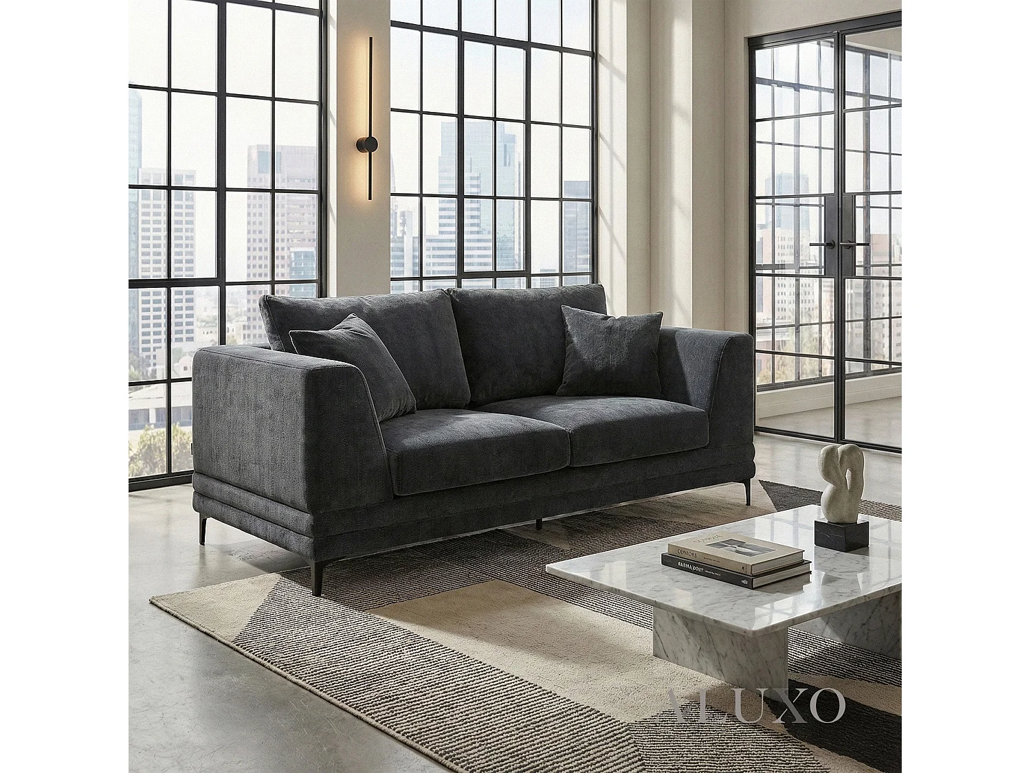 ALUXO Lenox Modern Boucle 2 Seater Sofa Loveseat Steel Mermaid Velvet Grey Soft Cushion