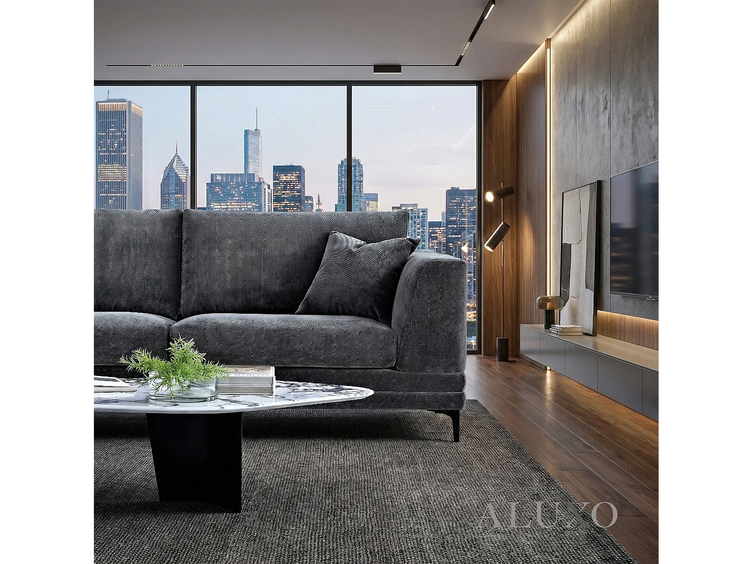 ALUXO Lenox Modern Boucle 2 Seater Sofa Loveseat Steel Mermaid Velvet Grey Soft Cushion
