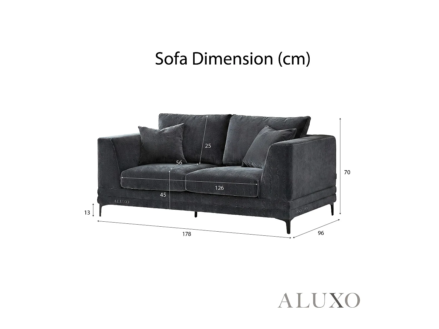 ALUXO Lenox Modern Boucle 2 Seater Sofa Loveseat Steel Mermaid Velvet Grey Soft Cushion