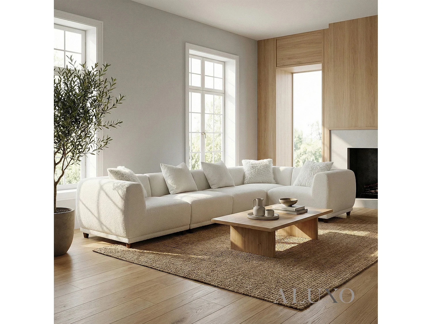 ALUXO Lottie Modern Boucle Modular Corner Sofa Firm 5 Seater L Shape Snow White