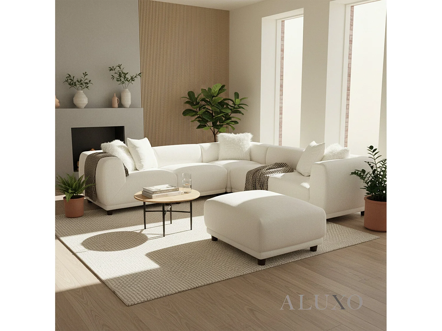 ALUXO Lottie Modern Boucle Modular Corner Sofa Firm 5 Seater L Shape Snow White