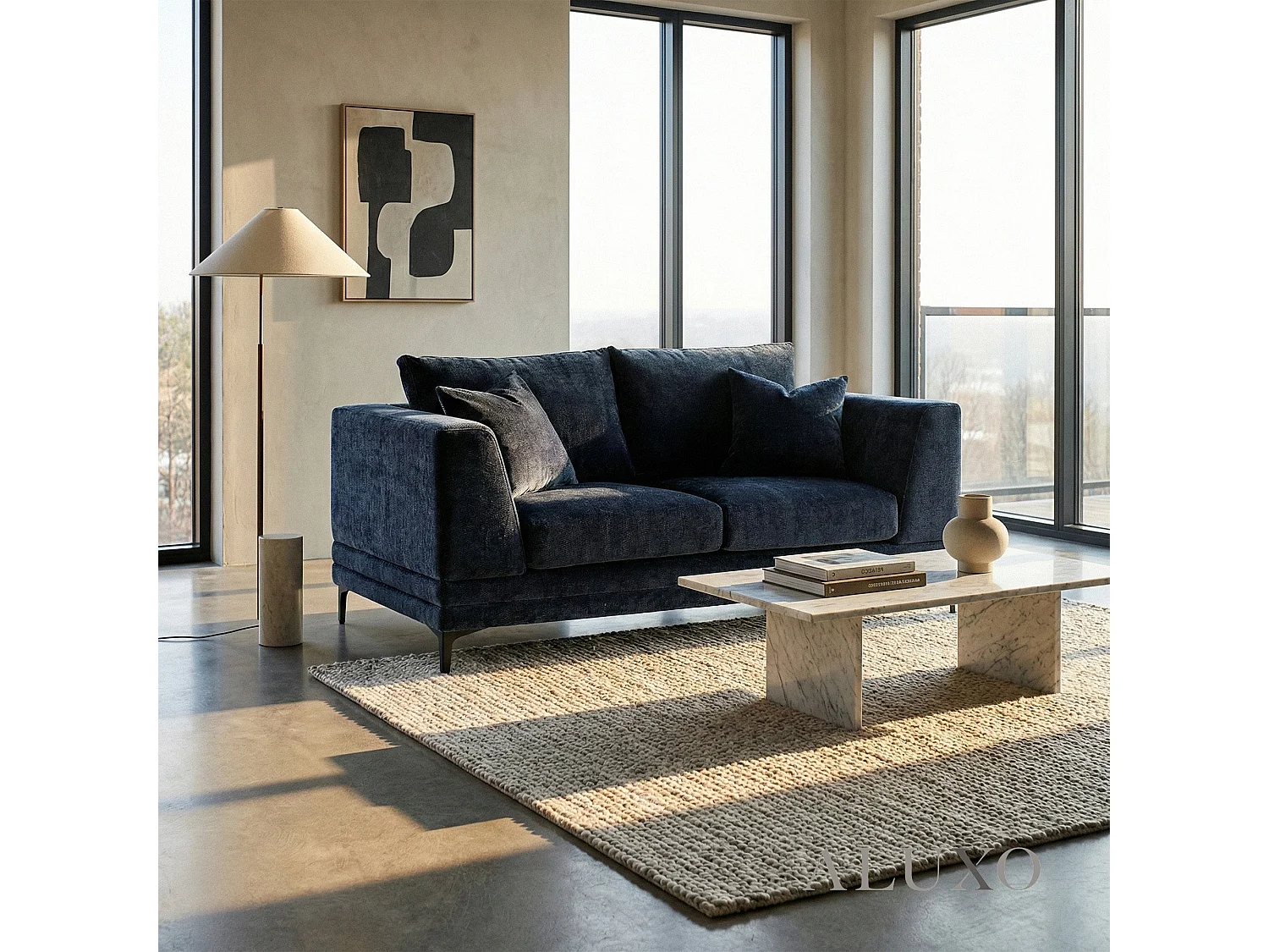 ALUXO Lenox Modern Boucle 2 Seater Sofa Loveseat Mermaid Velvet Blue Soft Cushion Couch