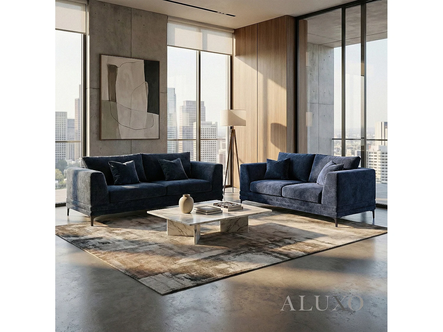 ALUXO Lenox Modern Boucle 2 Seater Sofa Loveseat Mermaid Velvet Blue Soft Cushion Couch