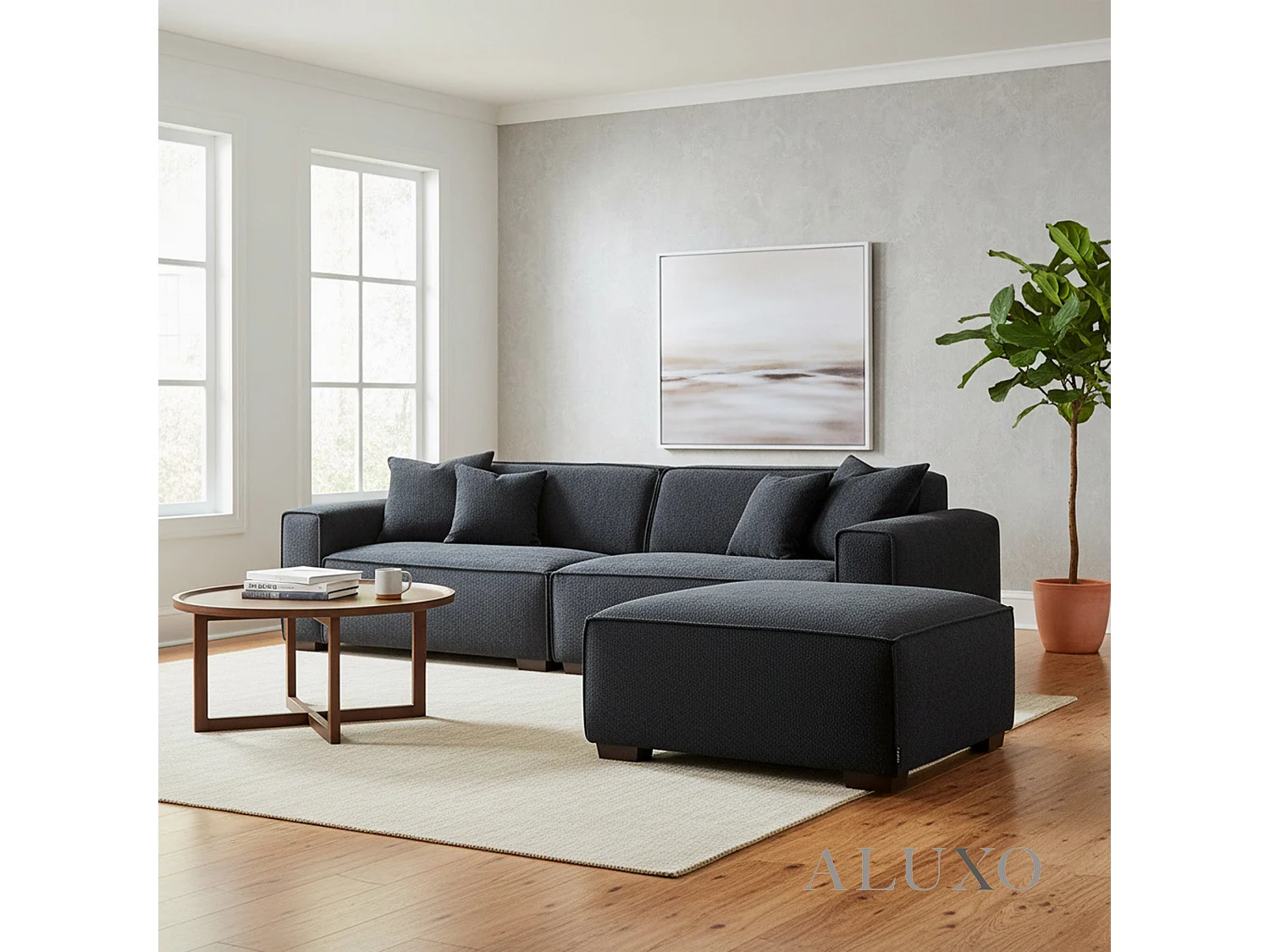 ALUXO® Dakota Modular Footstool Midnight Black Bouclé  Feather-Filled