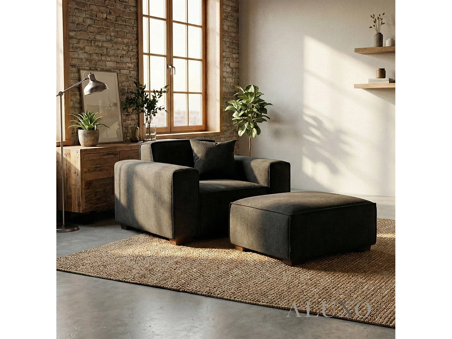 ALUXO® Dakota Modular Footstool Midnight Black Bouclé  Feather-Filled