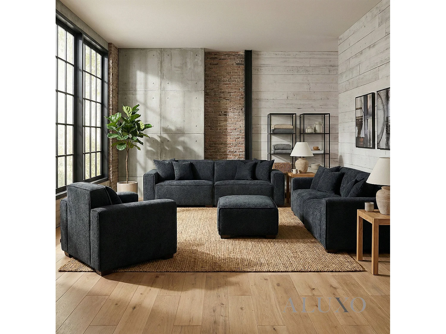ALUXO® Dakota Modular Footstool Midnight Black Bouclé  Feather-Filled