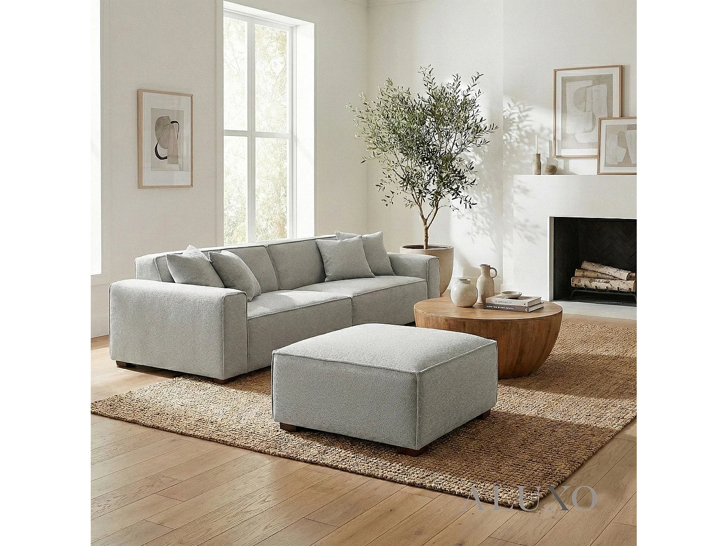 ALUXO® Dakota Modular Footstool Pebble Grey Bouclé  Feather-Filled