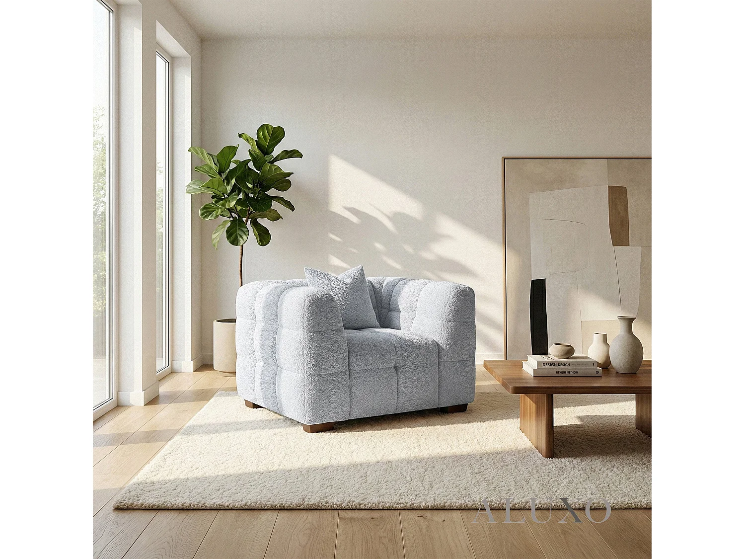 ALUXO Tribeca Modern Armchair Pearl Grey Boucle Cube Stitching Design