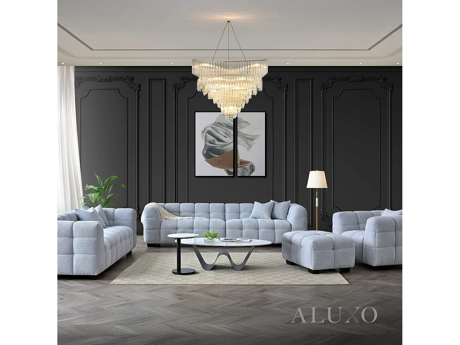 ALUXO Tribeca Modern Armchair Pearl Grey Boucle Cube Stitching Design