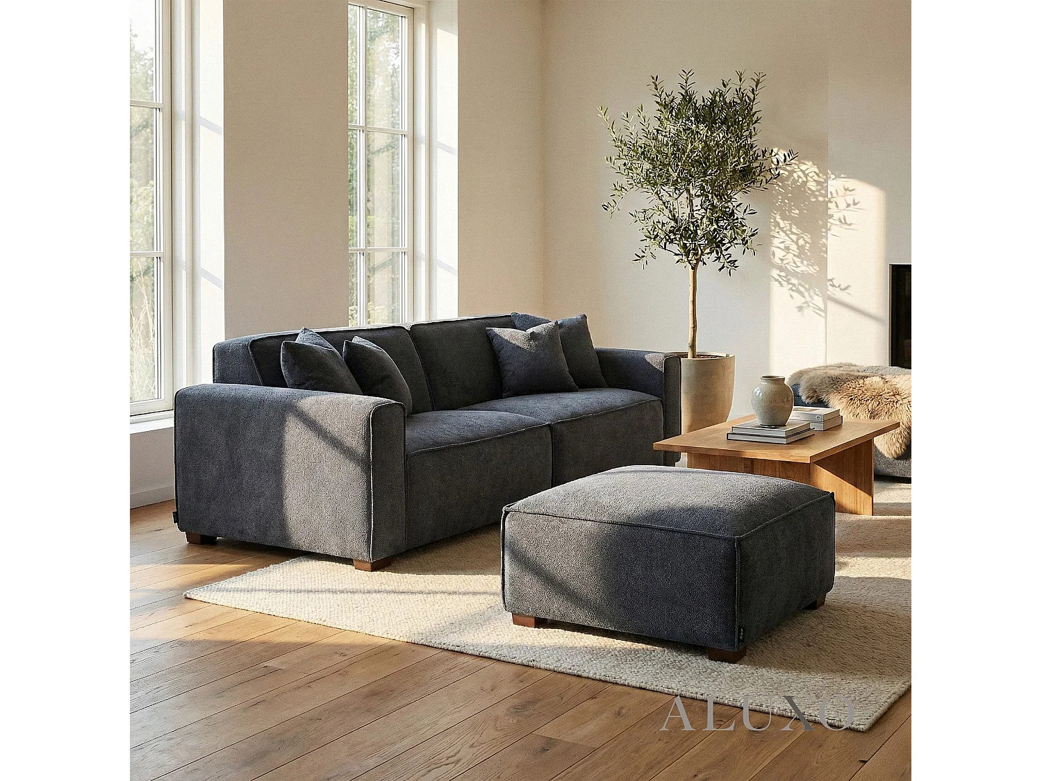 ALUXO® Dakota Modular Footstool  Charcoal Grey Bouclé  Feather-Filled