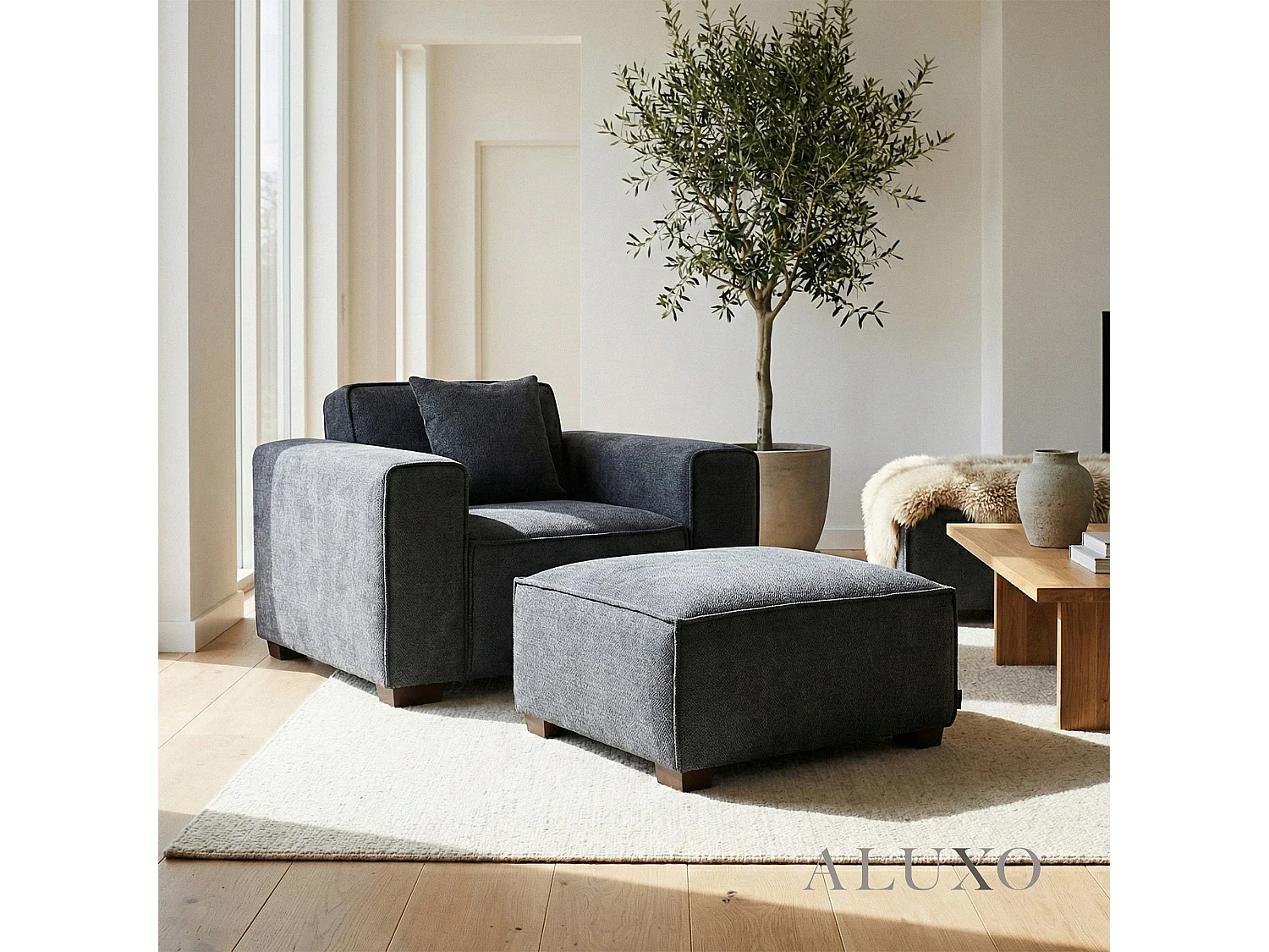 ALUXO® Dakota Modular Footstool  Charcoal Grey Bouclé  Feather-Filled