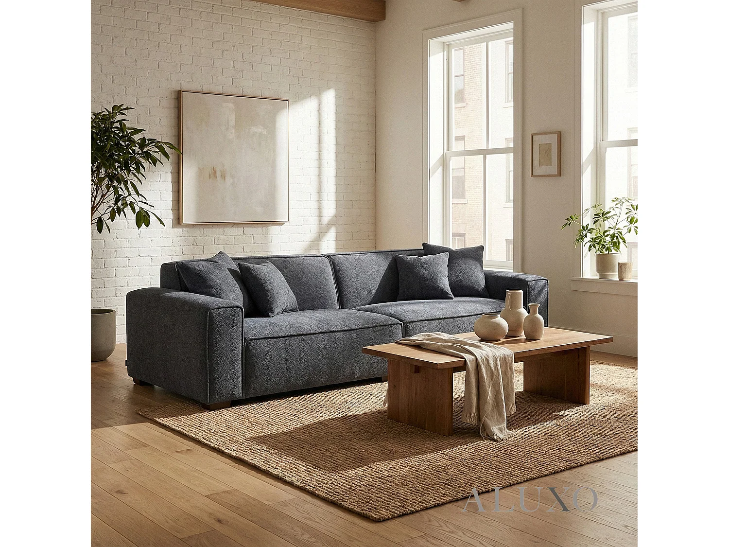 ALUXO® Dakota 4 Seater Large Sofa Charcoal Grey Bouclé Feather-Filled
