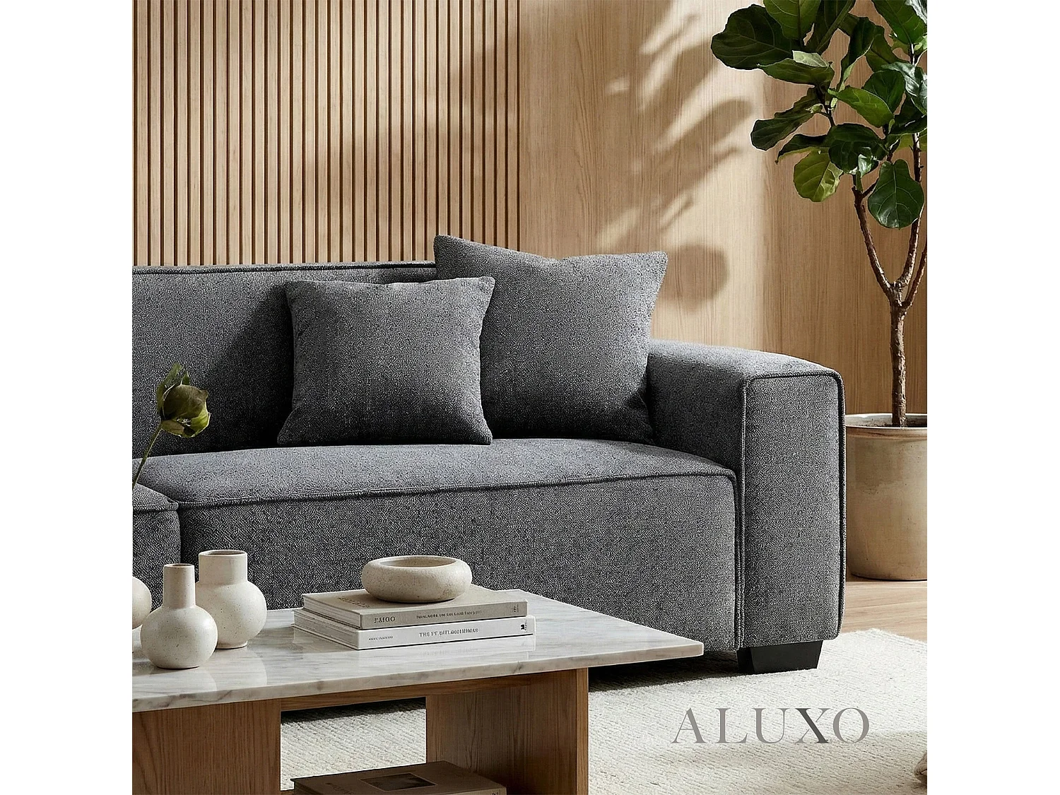 ALUXO® Dakota 4 Seater Large Sofa Charcoal Grey Bouclé Feather-Filled