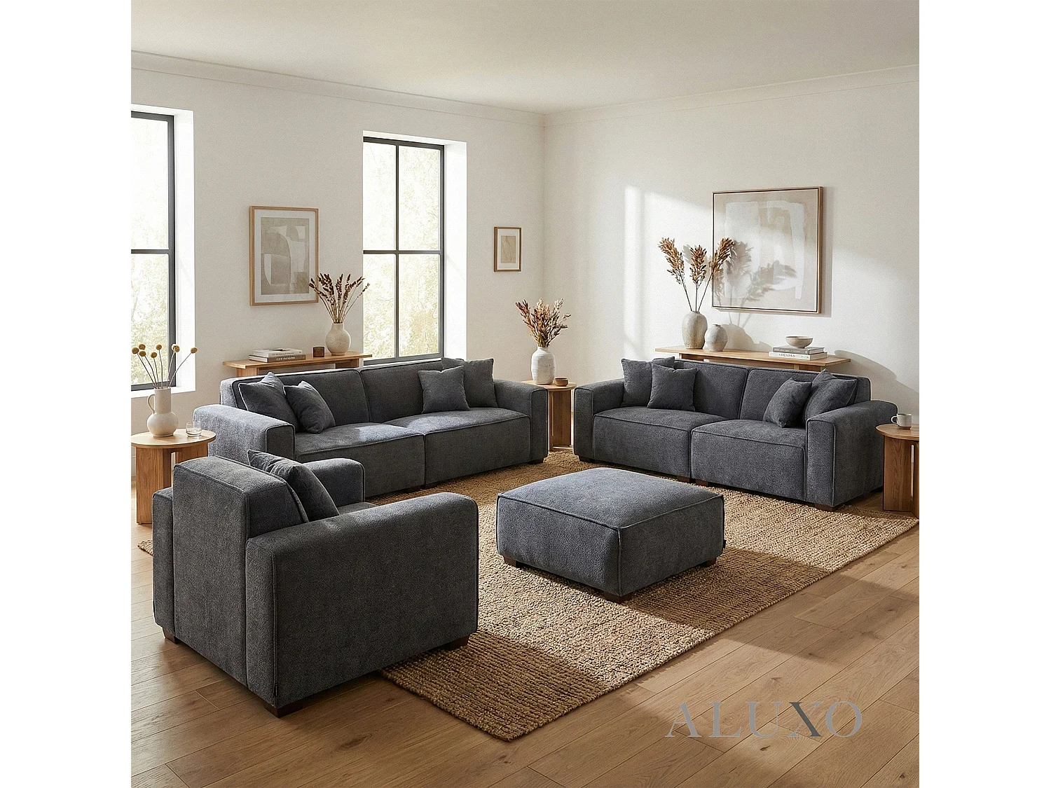 ALUXO® Dakota 4 Seater Large Sofa Charcoal Grey Bouclé Feather-Filled
