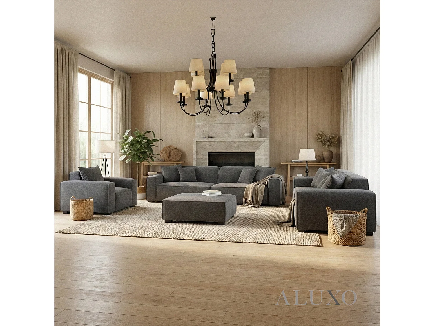 ALUXO® Dakota 4 Seater Large Sofa Charcoal Grey Bouclé Feather-Filled