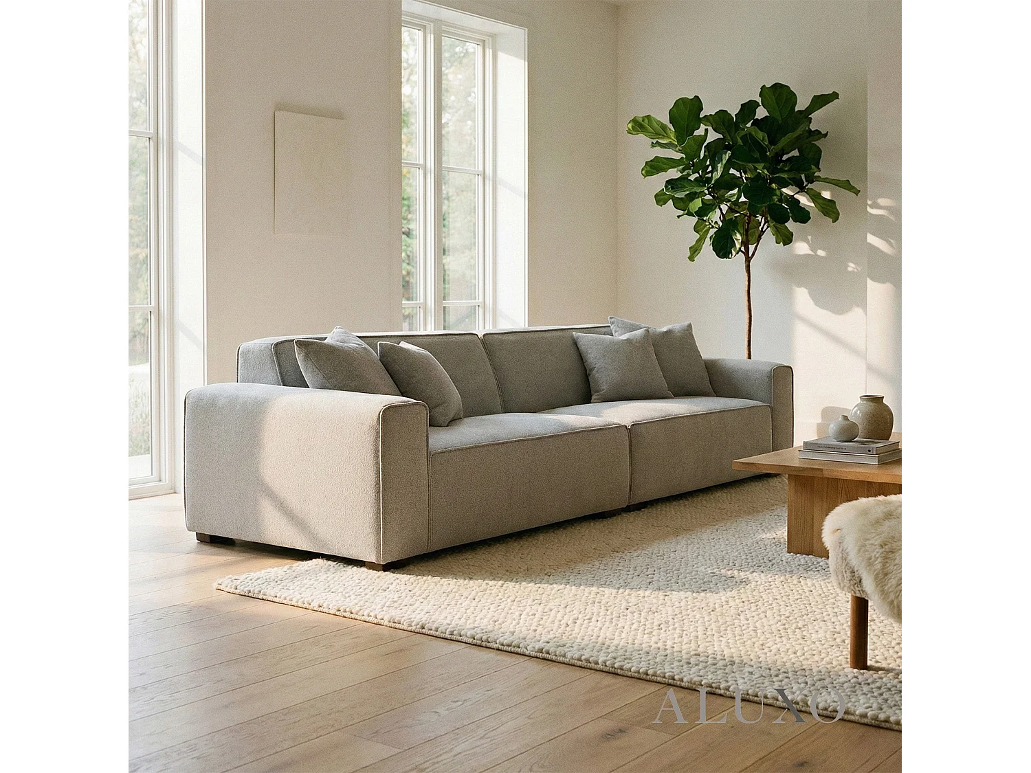 ALUXO® Dakota 4 Seater Large Sofa Pebble Grey Bouclé Feather-Filled