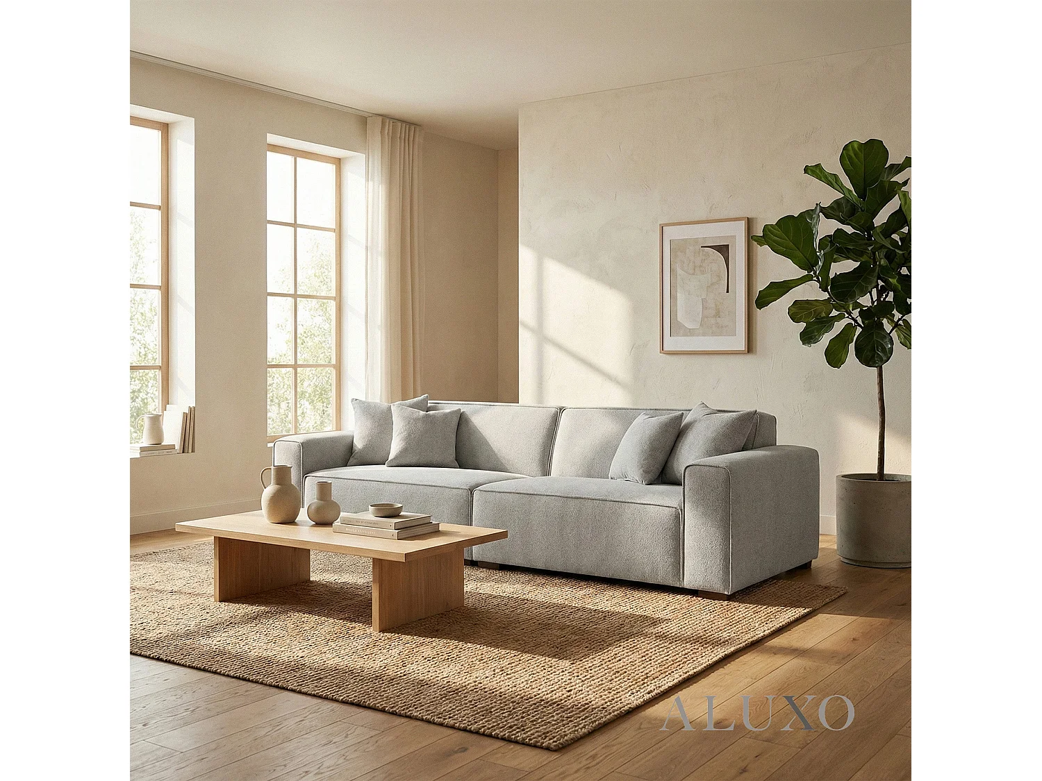 ALUXO® Dakota 4 Seater Large Sofa Pebble Grey Bouclé Feather-Filled