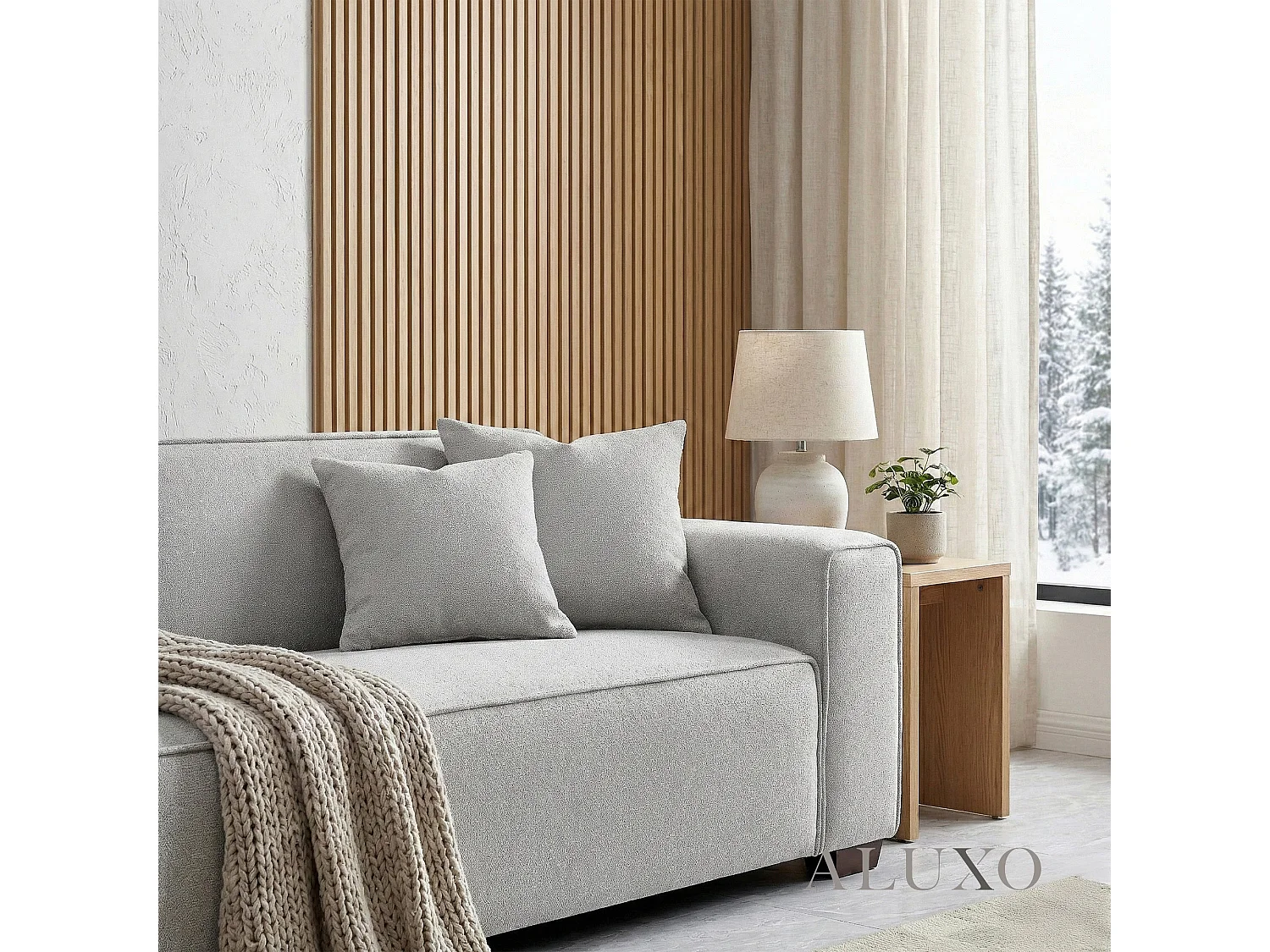 ALUXO® Dakota 4 Seater Large Sofa Pebble Grey Bouclé Feather-Filled