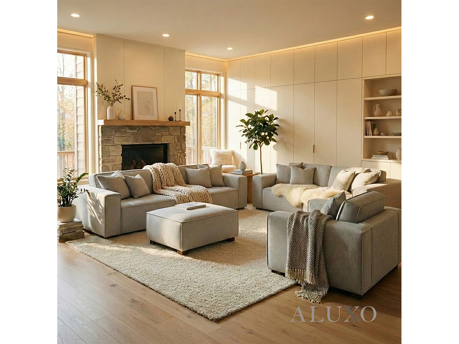 ALUXO® Dakota 4 Seater Large Sofa Pebble Grey Bouclé Feather-Filled