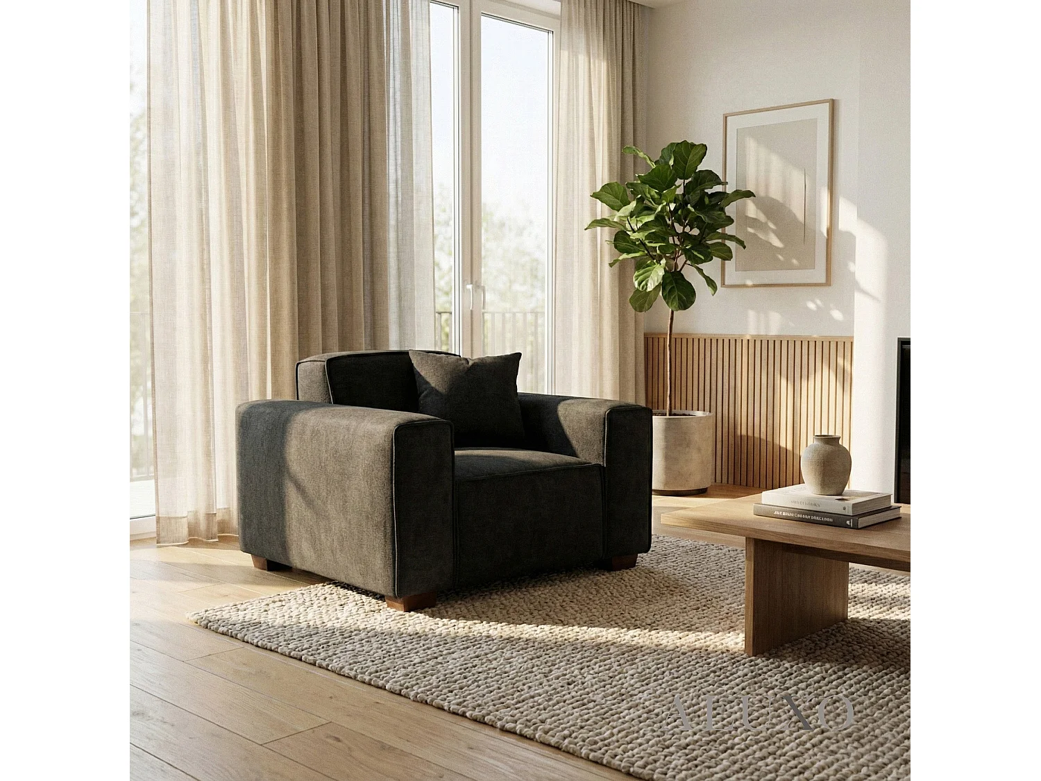 ALUXO® Dakota Armchair Midnight Black Bouclé  Feather-Filled Accent Chair