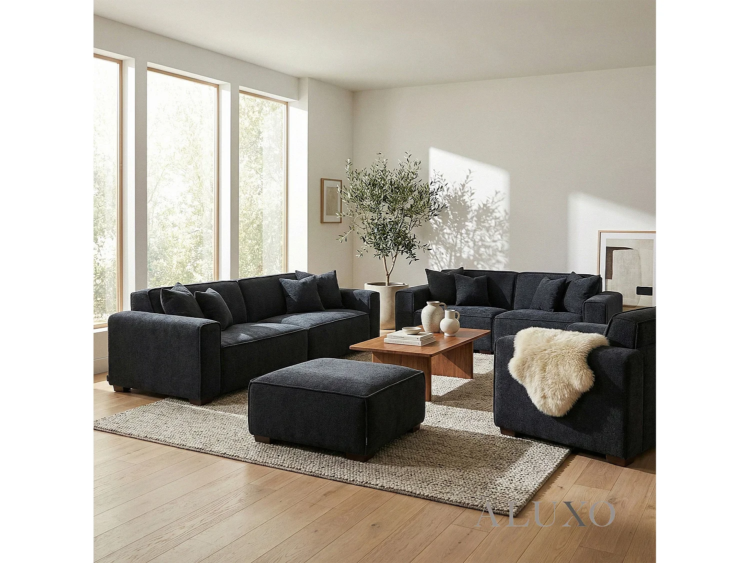 ALUXO® Dakota Armchair Midnight Black Bouclé  Feather-Filled Accent Chair