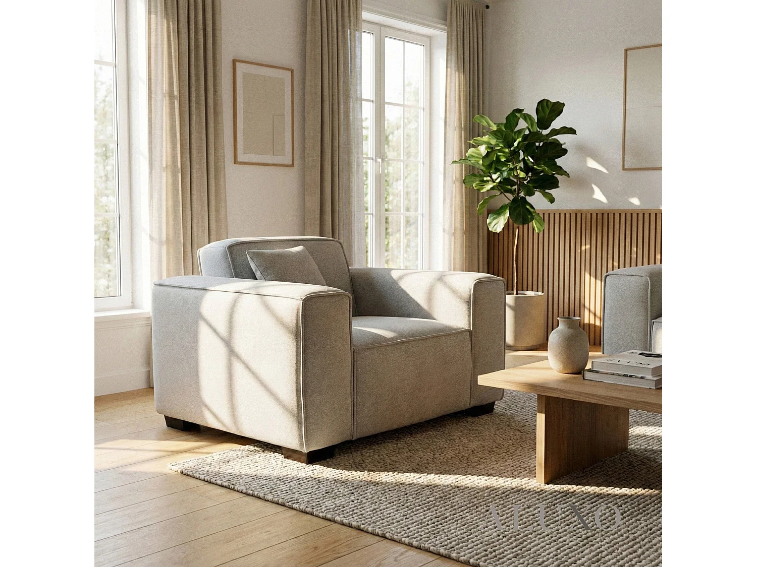 ALUXO® Dakota Armchair Pebble Grey Bouclé  Feather-Filled Accent Chair