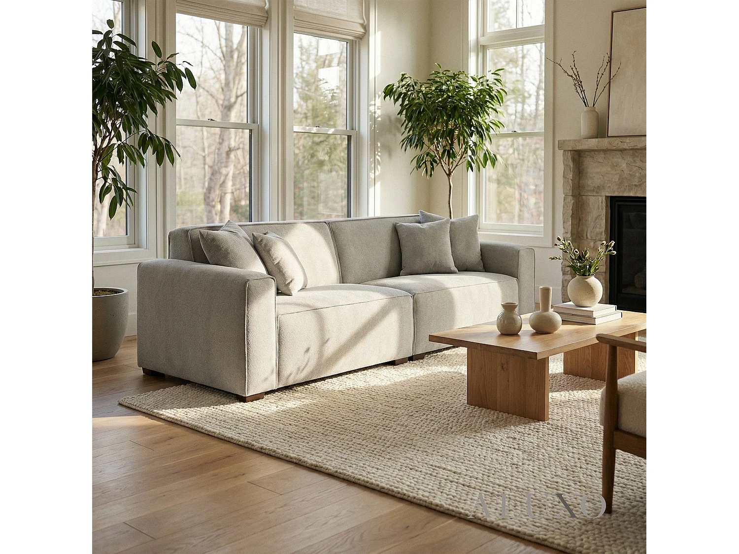 ALUXO® Dakota 3 Seater Sofa Pebble Grey Bouclé Feather-Filled