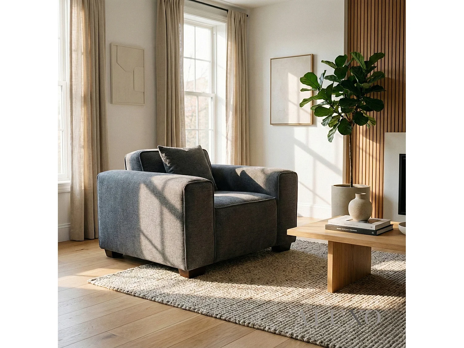 ALUXO® Dakota Armchair Charcoal Grey Bouclé  Feather-Filled Accent Chair