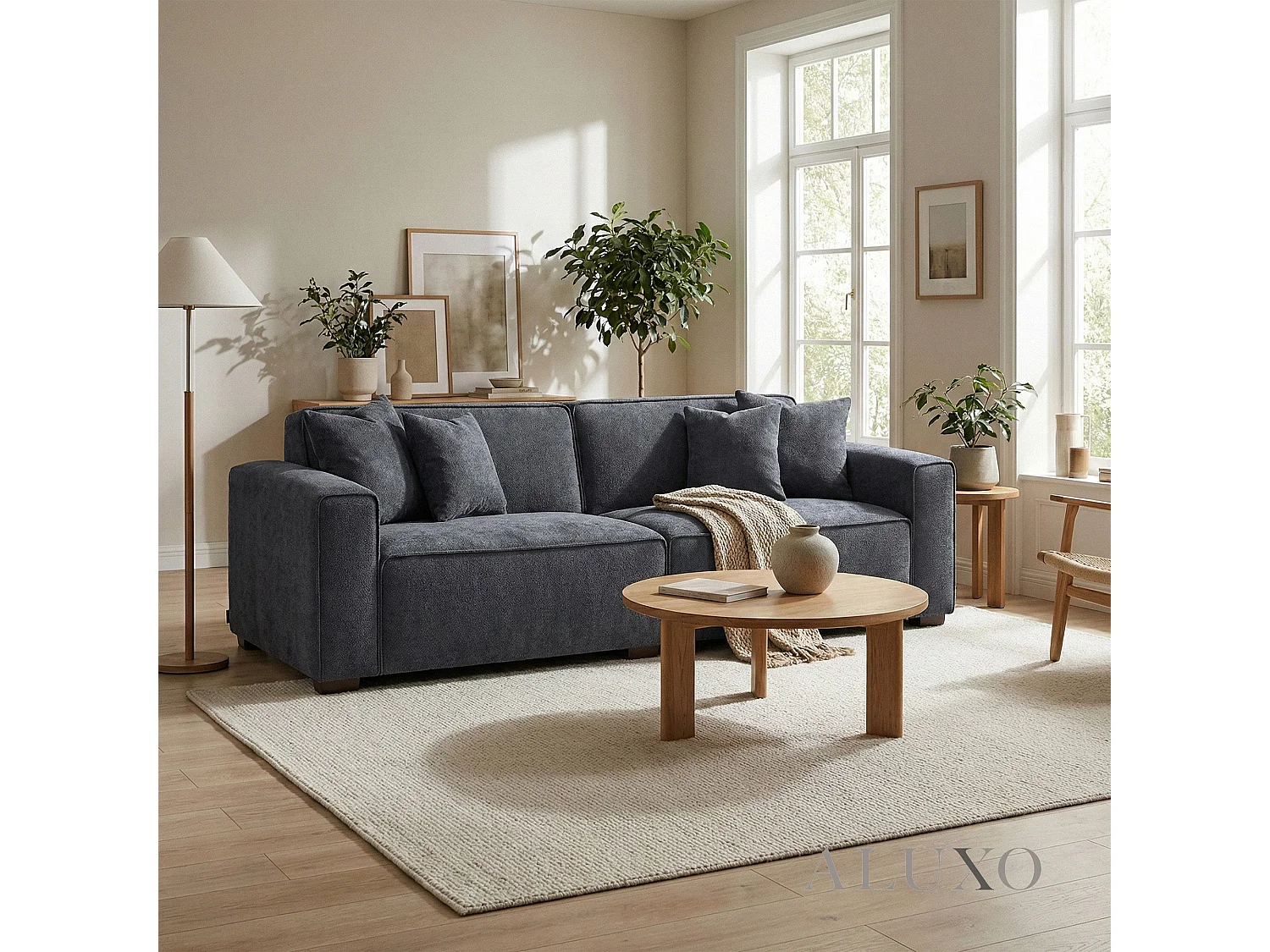 ALUXO® Dakota 3 Seater Sofa  Charcoal Grey Bouclé  Feather-Filled