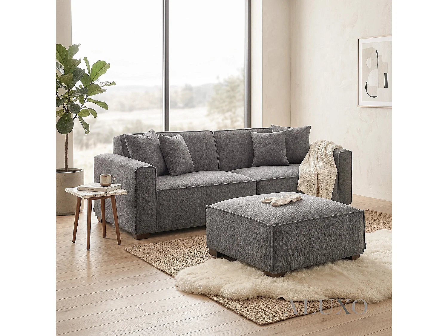 ALUXO® Dakota 3 Seater Sofa  Charcoal Grey Bouclé  Feather-Filled