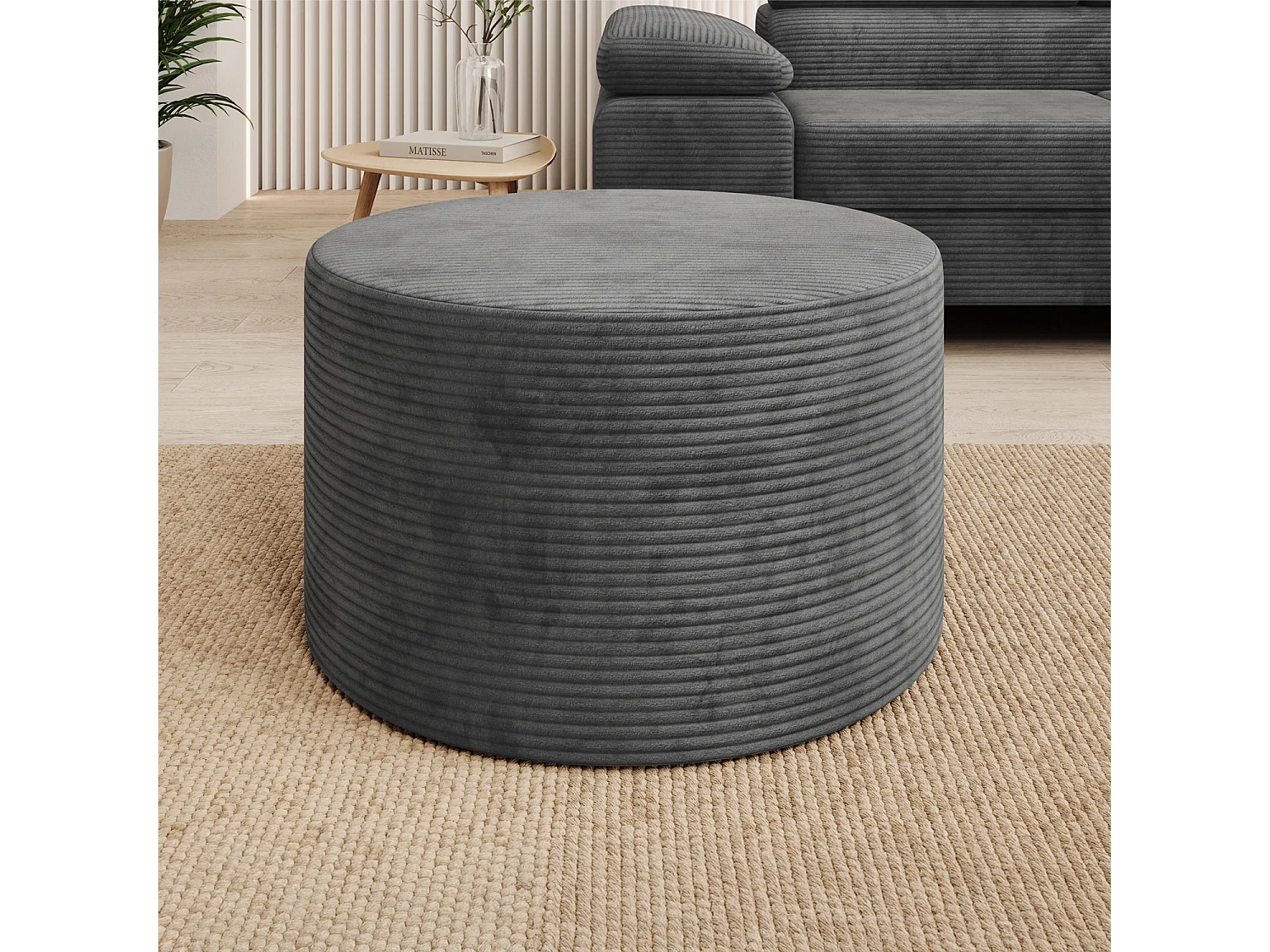 Pouf Rond XL Marki Velours Côtelé Gris Foncé