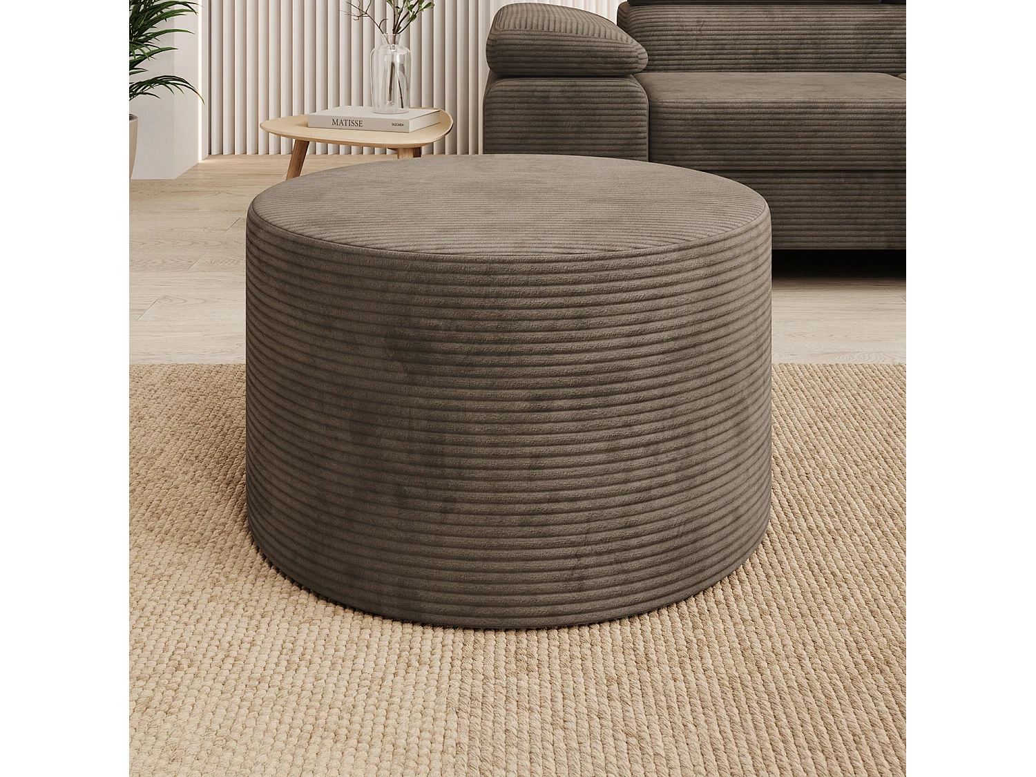 Pouf Rond XL Marki Velours Côtelé Taupe