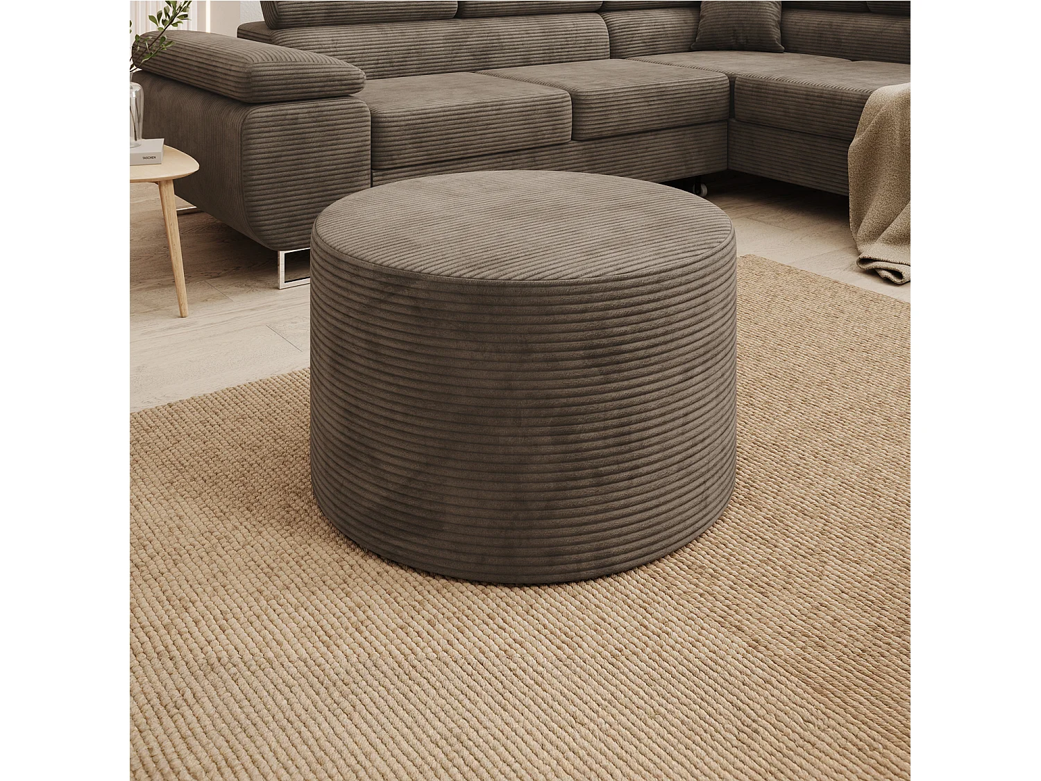 Pouf Rond XL Marki Velours Côtelé Taupe