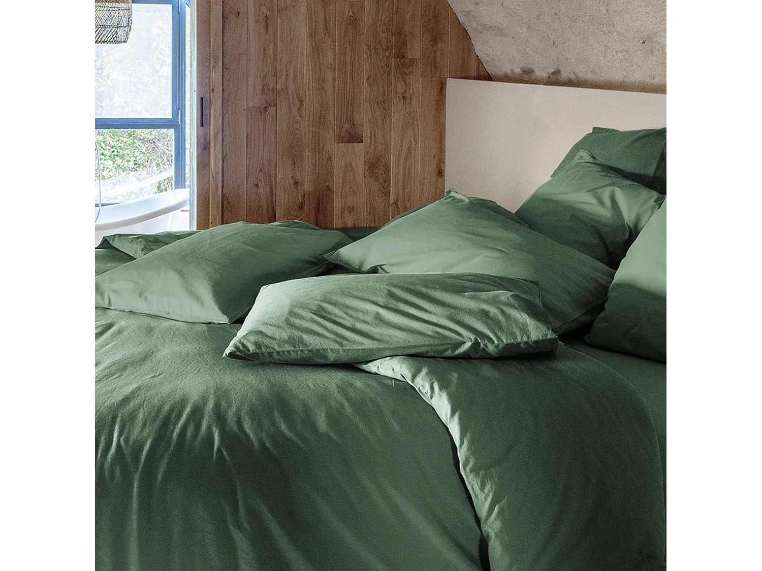 Housse de couette PALACE pur coton lavé 260x240 cm uni vert cedre