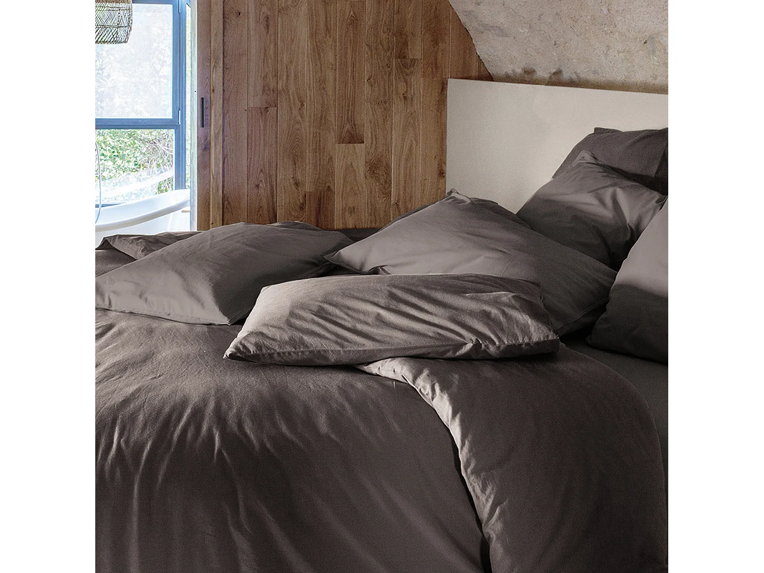 Housse de couette PALACE pur coton lavé 260x240 cm uni marron café
