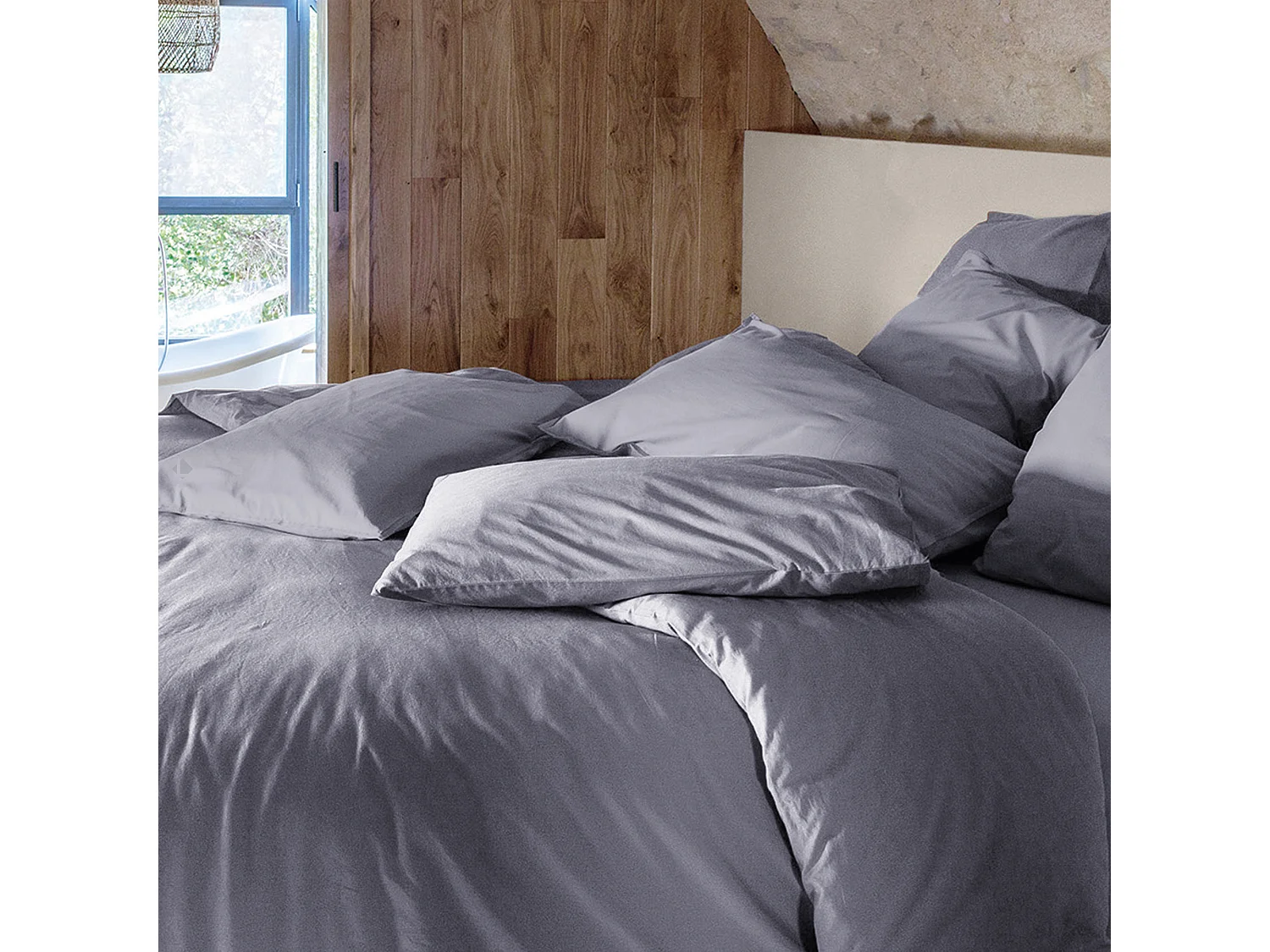 Housse de couette PALACE pur coton lavé 240x220 cm uni gris brume