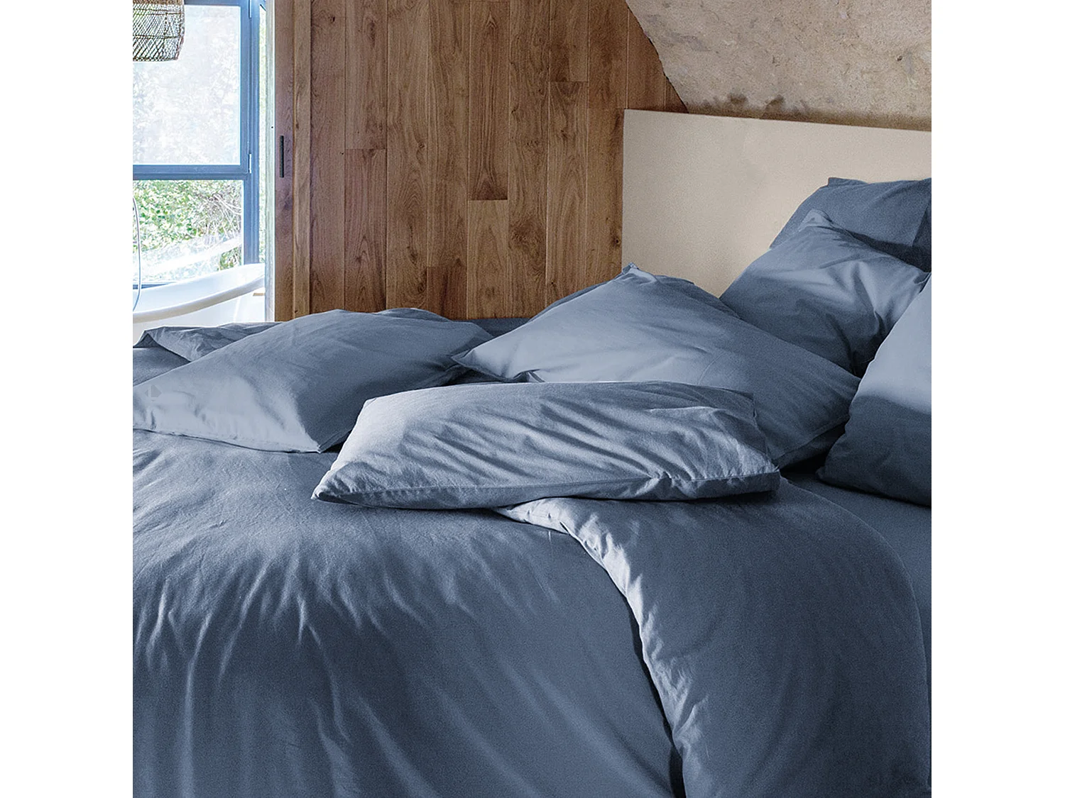 Housse de couette PALACE pur coton lavé 240x220 cm uni bleu indigo