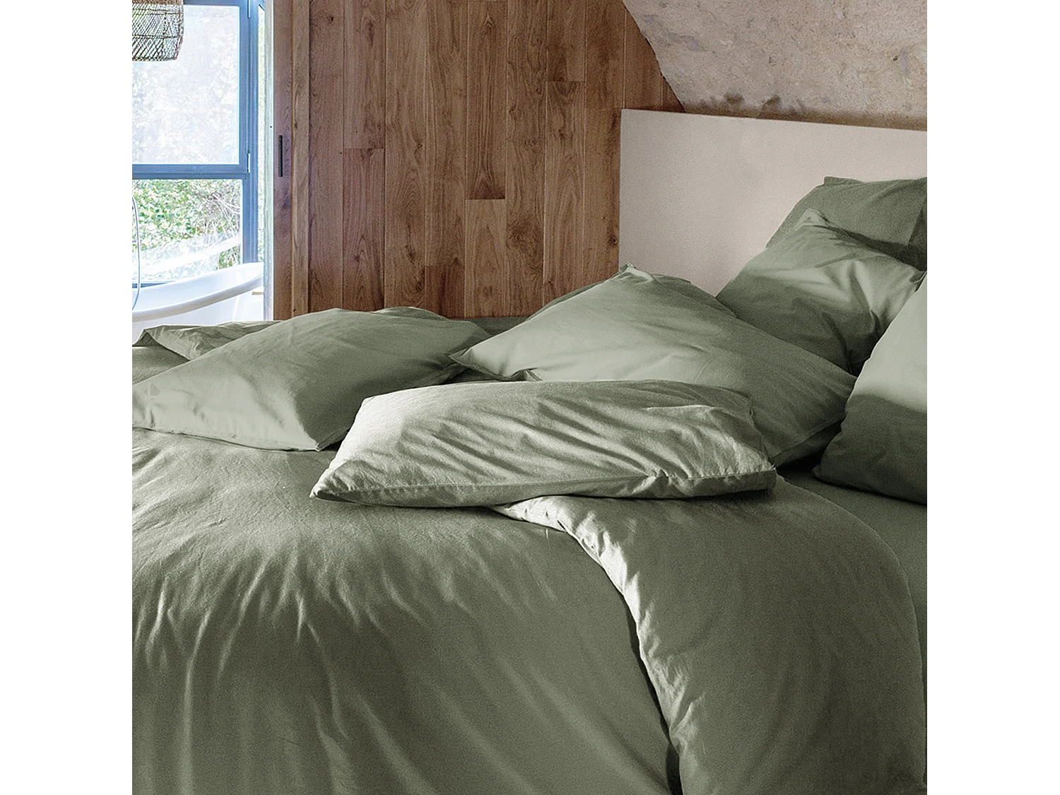 Housse de couette PALACE pur coton lavé 200x200 cm uni vert sauge