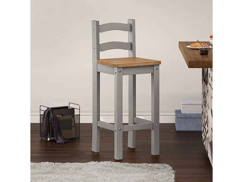 Mercers Furniture Corona Grey Wax Pair of Bar Stools Tall Chairs Kitchen Seating Solid Wood Pine Wooden with Mexican Styling