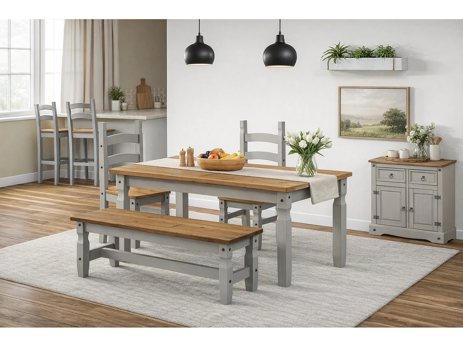 Mercers Furniture Corona Grey Wax 5'0 Dining Bench Long Seating Solid Wood Pine Wooden Hallway with Mexican Styling