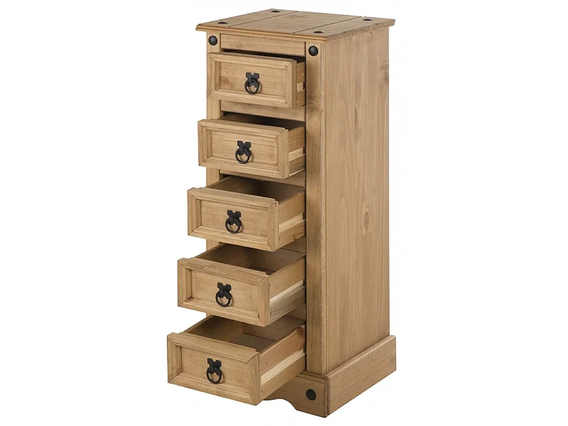 Mercers Furniture Corona Narrow 5 Drawer Bedside Cabinet Table Chest Solid Wood Pine Wooden with Mexican Styling