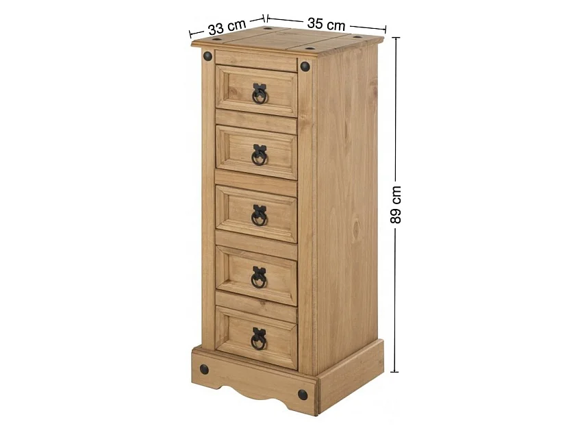 Mercers Furniture Corona Narrow 5 Drawer Bedside Cabinet Table Chest Solid Wood Pine Wooden with Mexican Styling