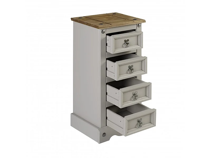 Mercers Furniture Corona Grey Wax Narrow 4 Drawer Bedside Cabinet Chest Table Solid Wood Pine Wooden Bedroom with Mexican Styling