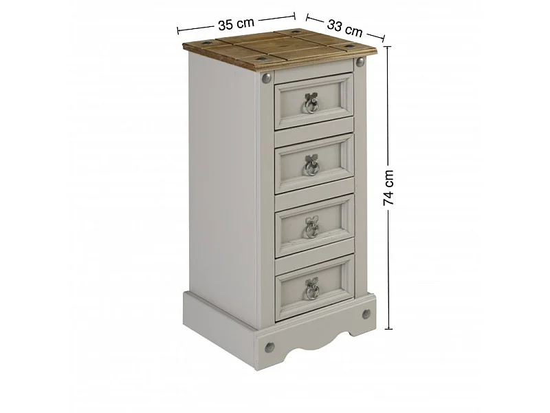 Mercers Furniture Corona Grey Wax Narrow 4 Drawer Bedside Cabinet Chest Table Solid Wood Pine Wooden Bedroom with Mexican Styling