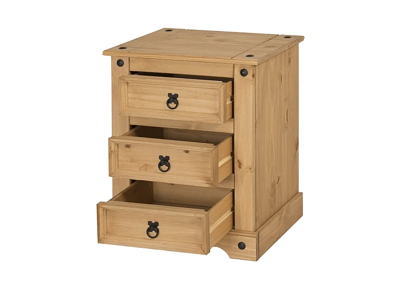 Mercers Furniture Corona LARGE 3 Drawer Bedside Table Chest Cabinet 53cm Solid Pine Wood Bedroom with Mexican Styling Wooden