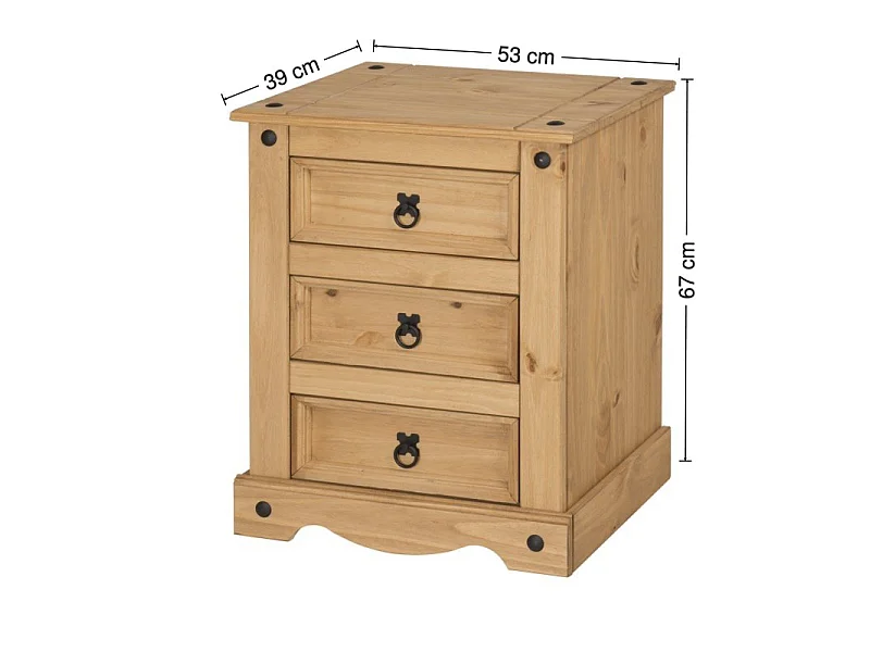 Mercers Furniture Corona LARGE 3 Drawer Bedside Table Chest Cabinet 53cm Solid Pine Wood Bedroom with Mexican Styling Wooden