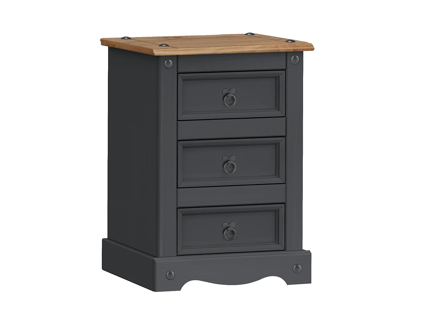 Mercers Furniture Corona Charcoal Medium 3 Drawer Bedside Cabinet Chest Table Solid Wood Pine Wooden Dark Grey Bedroom with Mexican Styling